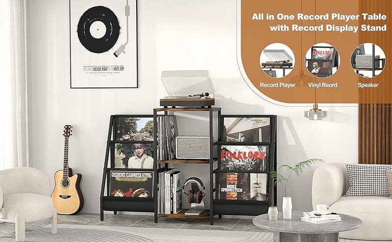 Record Player Stand with Two Side Display Shelves - 280 Album Capacity Storage  