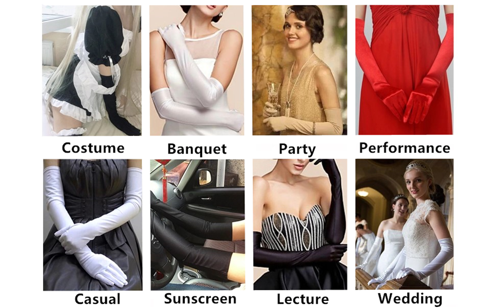 Women's Evening Party Formal Gloves  22" Long Black White Satin Finger Mittens