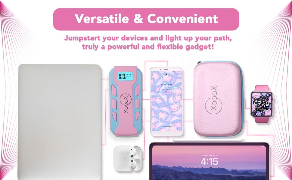Pink Portable Car Battery Jump Starter Kit with Jumper Cables, USB/USB-C Devices