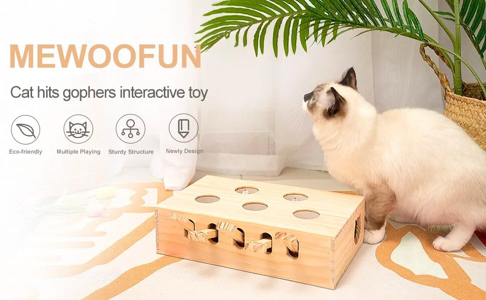 Mewoofun Cats Indoor Interactive Whack-A-Mole Solid Wood Catnip  Mouse Toy