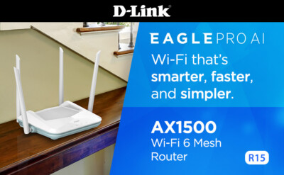 D-Link Eagle Pro AX1500 Smart AI Optimized WiFi 6 Router, Mesh Capable (R15)