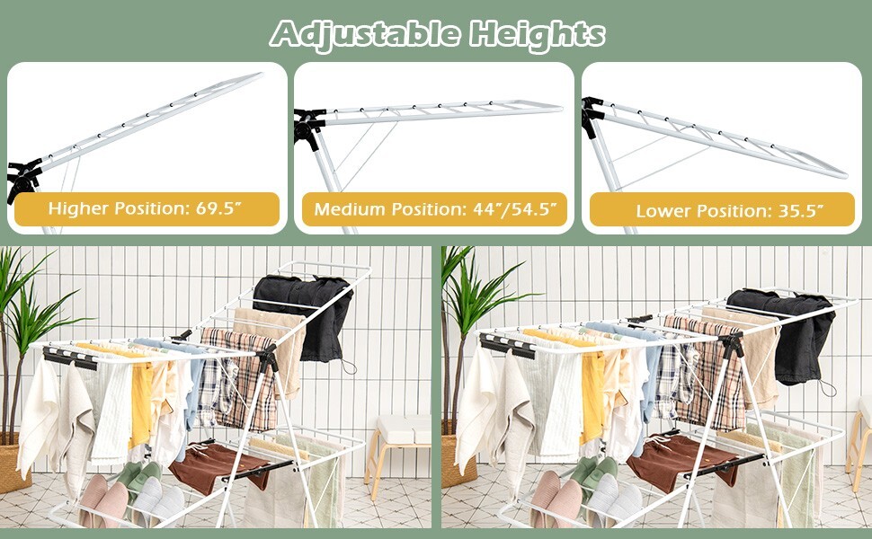 Costway Foldable 2-Level Steel Clothes Drying Rack w/ Height-Adjustable Gullwing