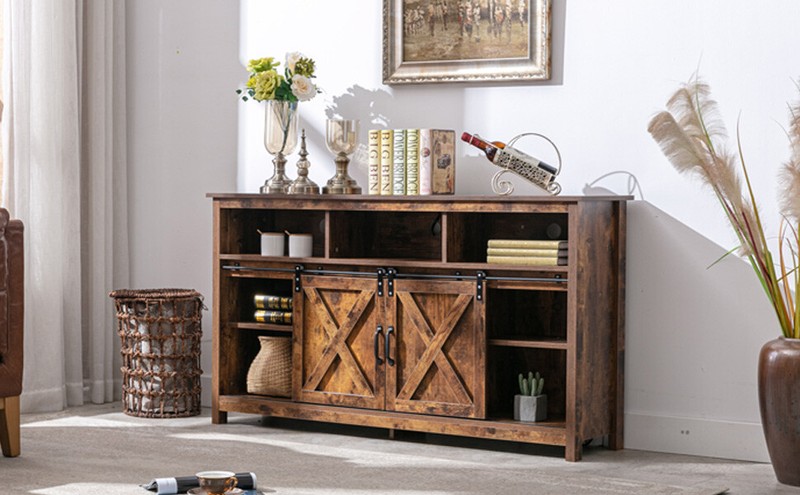 Farmhouse LED Coffee Bar Cabinet Barn Door Sideboard Buffet with Power Outlet