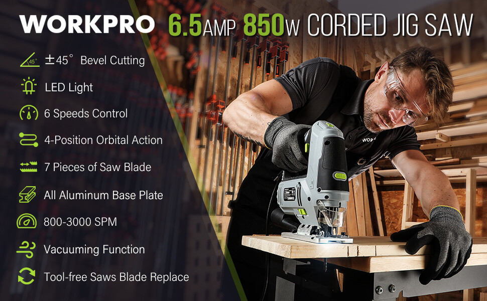 WORKPRO Corded Electric Jigsaw 6.5AMP 850W Jig Saw Tool Kit 3000SPM 7PCS Blades