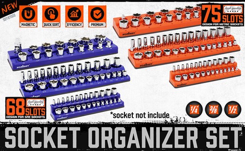 6PC Magnetic Socket Organizer Storage Holder Set 1/4 3/8 1/2 Metric SAE 143 Slot