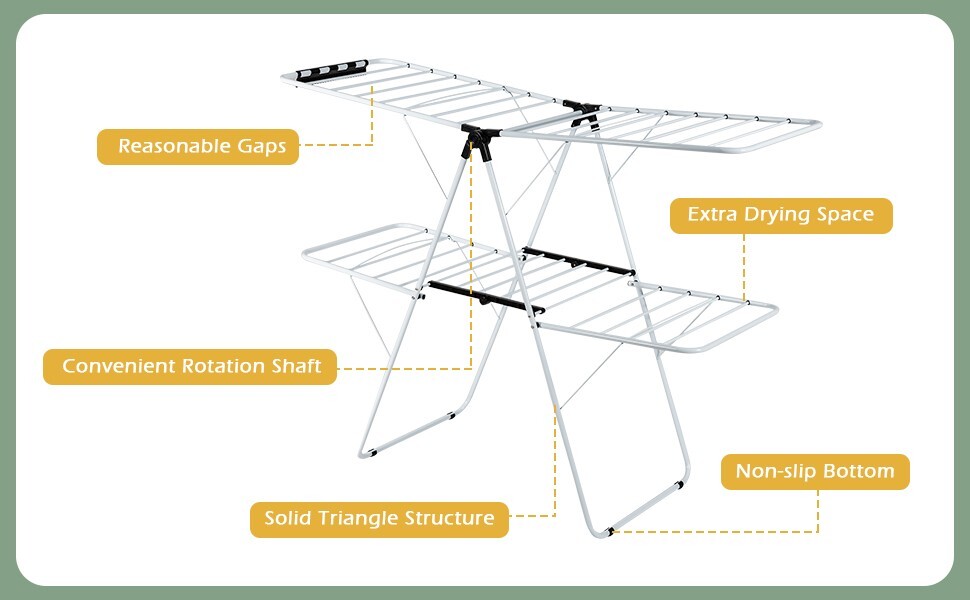 Costway Foldable 2-Level Steel Clothes Drying Rack w/ Height-Adjustable Gullwing