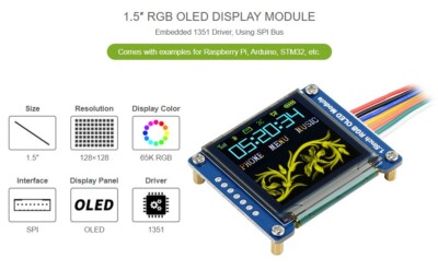 Waveshare Raspberry Pi 128x128 1.5inch OLED Display Module 16 Gray Scale SPI/I2C