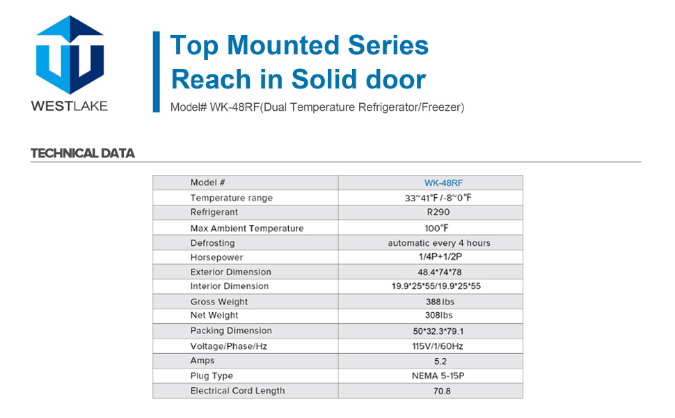 WESTLAKE-WK-48RF 48'W Commercial Freezer & Refrigerator Combo 36 Cu.ft Reach-in