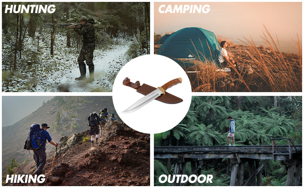 Flissa 14" Bowie Hunting Knife Full-tang Fixed Blade Wood Handle Knife Survival