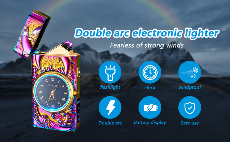 Windproof Cool Lighter Electric Arc Flameless Plasma Lighters Rechargeable Clock