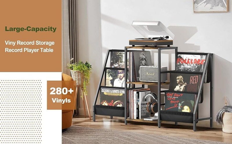 Record Player Stand with Two Side Display Shelves - 280 Album Capacity Storage  
