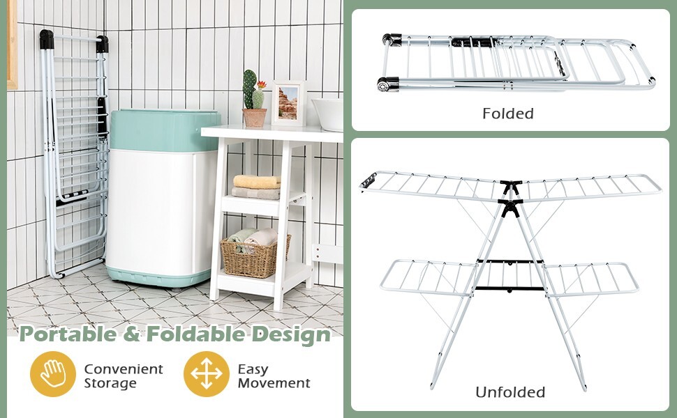 Costway Foldable 2-Level Steel Clothes Drying Rack w/ Height-Adjustable Gullwing