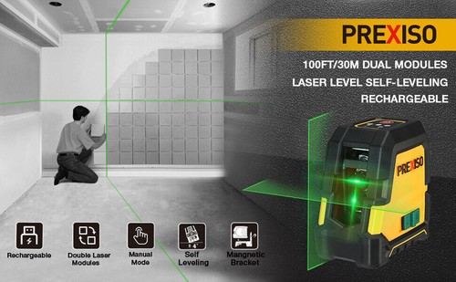 PREXISO Laser Level Self Leveling-100Ft Rechargeable Cross Line Laser Green Line