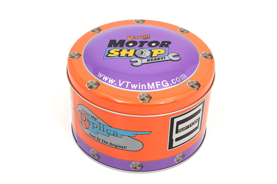 V-Twin Motor Shop Ready Round Can Set Full Color Lithographed Motorcycle NEW