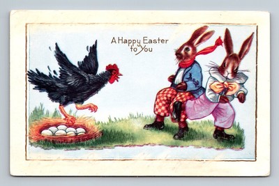 Dressed Bunny Rabbits Easter Eggs Hen Vintage Postcard