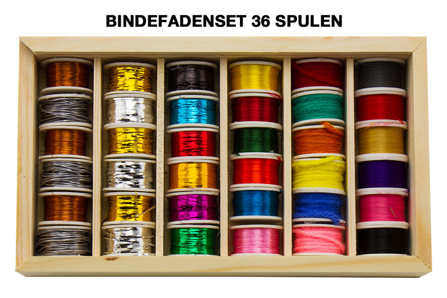 Bindefaden Set 4 - 36 Spulen in Holzbox, Seide, Draht, Tinsel, Wolle NEU!