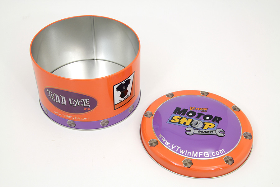 V-Twin Motor Shop Ready Round Can Set Full Color Lithographed Motorcycle NEW