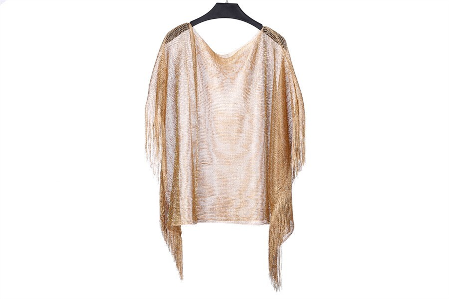 Gold Metallic Poncho With Fringes Sparkling Over Shoulder