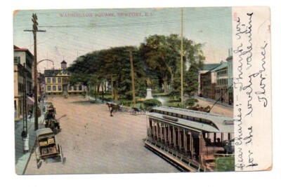 UDB Postcard, Washington Square, Newport, R.I., Rhode Island, 1907, Trolley