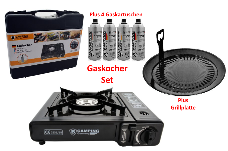 Campingkocher Gaskocher im Koffer  plus Gaskartuschen Butangas und Grillplatte 