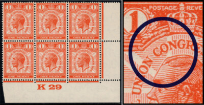 1929 KGV PUC 1d Control (K29) Block with Variety CO JOINED U/M SG Spec NCom6e