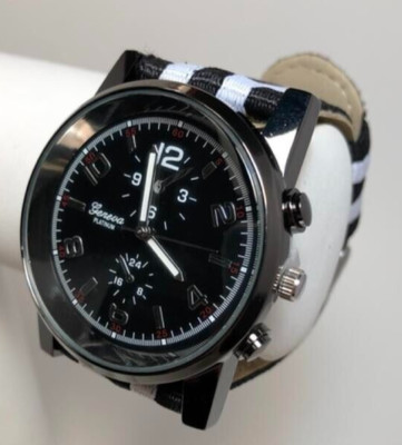 NEW Geneva Platinum 2290 Men's Faux Chrono Black & White Striped Nylon Watch