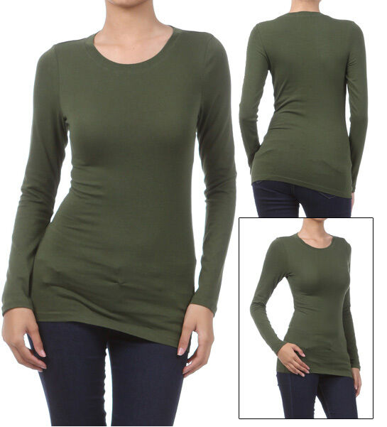 Basic Long Sleeve Solid Top Womens Plain Cotton T-shirt Stretch Tight Crew Neck 