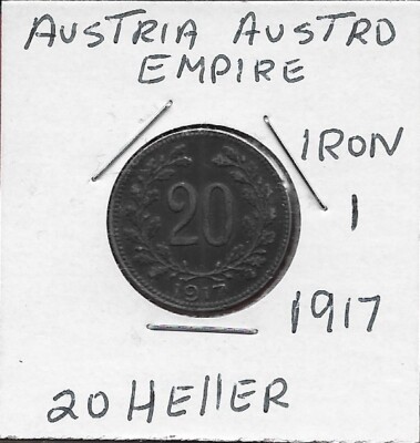 AUSTRIA AUSTRO HUNGARIAN EMPIRE 20 HELLER 1917 RULER:KARL I,AUSTRIAN SHIELD ON C