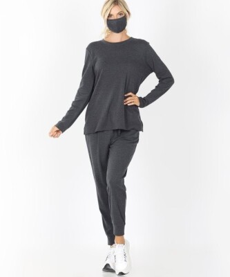 Zenana Womens Jogger Set w Face Mask Size S Long Sleeve Charcoal Tracksuit NWT