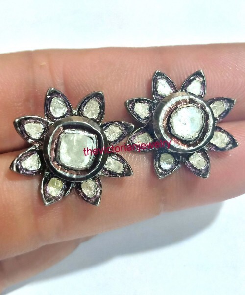 925 Solid Silver Natural Polki Diamond Earrings Handmade Vintage Fine Jewelry