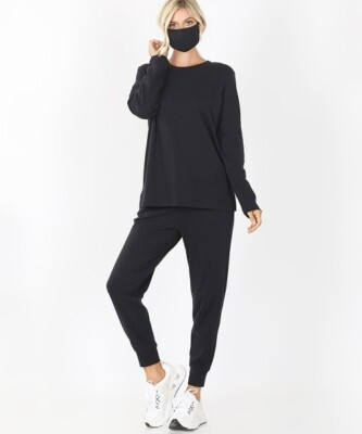 Zenana Womens Jogger Set w Face Mask Size S Long Sleeve Black Tracksuit NWT
