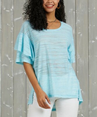 Suzanne Betro Aquamarine Raw-Edge Ruffle-Sleeve Scoop Neck Tunic Size M