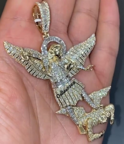 Pre-owned Online0369 3.30ct Baguette Cubic Zirconia Mens Saint Michael Charm Pendant Silver Stud In White