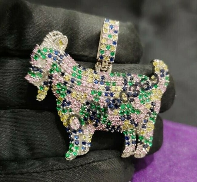 Pre-owned Online0369 Mens 2.5ct Rd Multi Color Cubic Zirconia Goat Charm Pendant Silver Free Stud