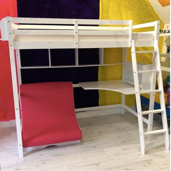 NOA & NANI WHITE HIGH SLEEPER CABIN BED WITH DESK, FUTON, SHELVES, DESK