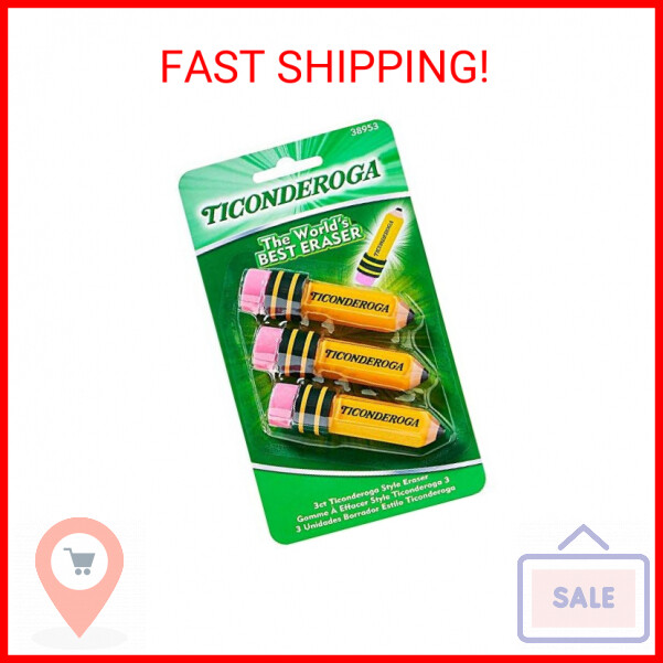TICONDEROGA Erasers, Pencil Shaped, Latex-Free, Yellow, 3-Pa