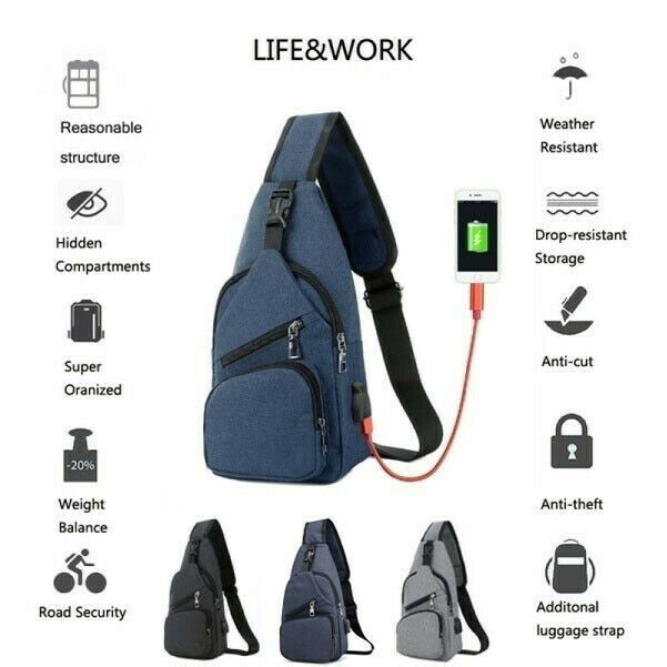 Men Canvas Bag Backpack Chest Pack USB Charging Crossbody Shoulder Bags SHP