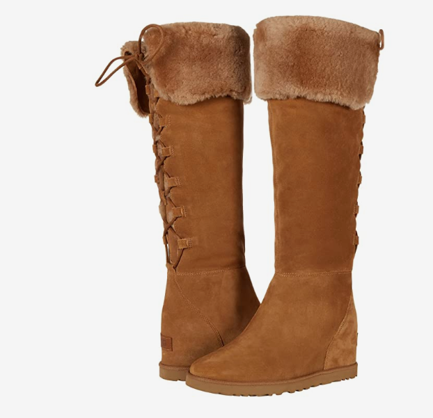 Pre-owned Ugg Classic Femme Chestnut Genuine Shearling Lace Boots Over-knee Wedges Size 8 In Brown