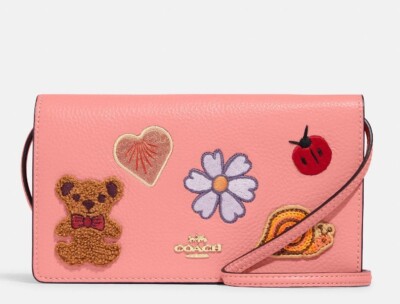 Coach Anna Foldover Clutch Pink Leather Crossbody With Creature Patches - NWT