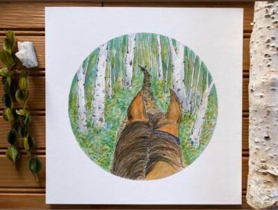 Horse Pony Equestrian Trail Riding Western Forest Tree Landscape Art Work Print