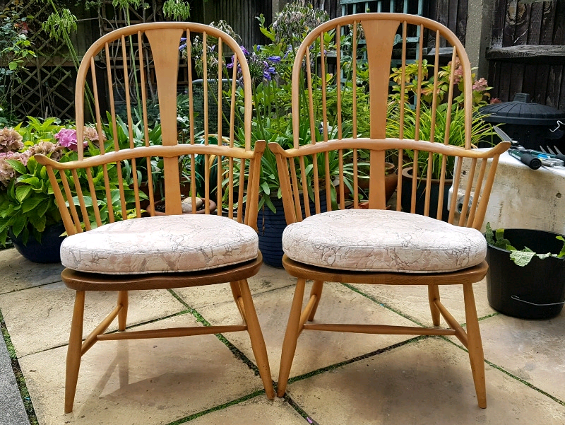 2 ercol Midcentury chairmakers chairs with original ercol cushions