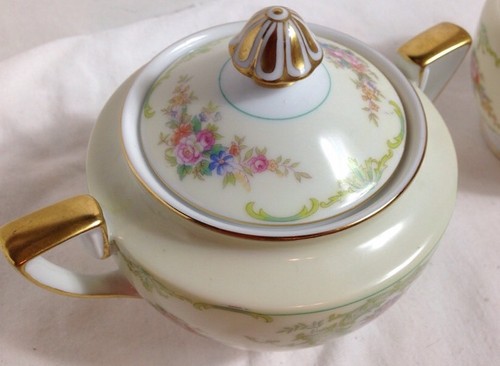 Vintage Noritake GLENDOLA Creamer and Sugar Bowl with Lid Creme Green Gold Trim