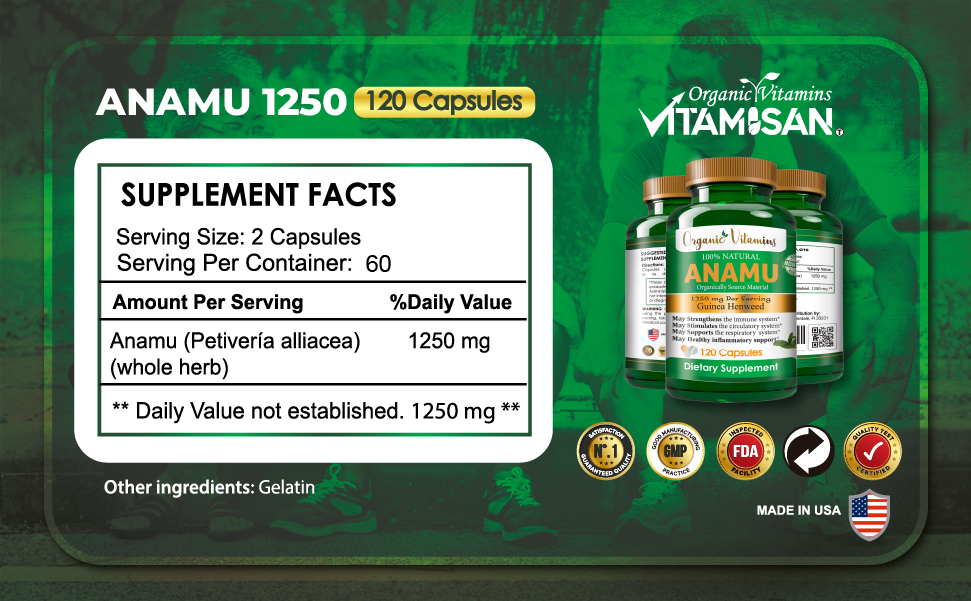 Anamu Natural Supplement. Detoxifier & Immune Support. 1250 mg. 120 cap organic