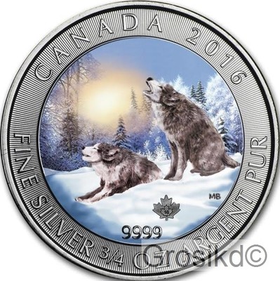 canada 2016 $2 howling wolves in winter 3/4 oz silver color