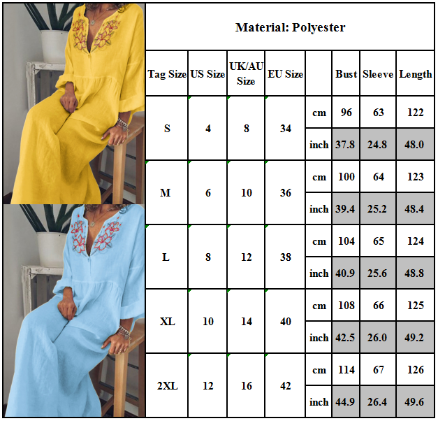 Frauen Boho Maxikleid V-Ausschnitt Langarm Freizeit Kaftan Lose Baggy Hemdkleid.