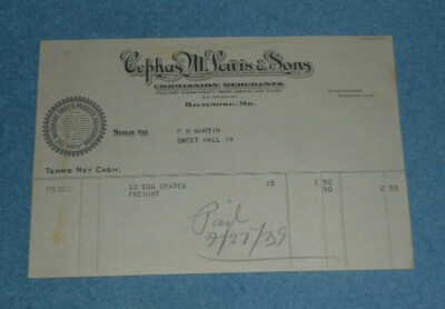 1939 Cephas M Lewis & Sons Commission Merchants Baltimore MD Billhead