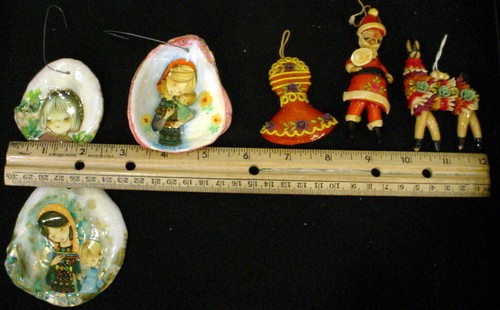 VINTAGE LOT OF 6- HAND MADE MAZAPAN CHRISTMAS ORNAMENTS -MADE IN ECUADOR & SPAIN