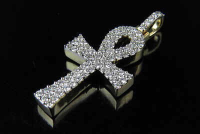 Pre-owned Jewelry Unlimited Men's 10k Yellow Gold Solid Ankh Cross Genuine Diamond Pendant 0.4 Ct 1"