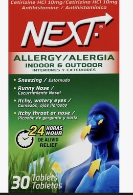 10 Box NEXT Allergy Indoor & Outdoor - 30 Tabs 24 Hr Relief Sneezing Exp. 10/23