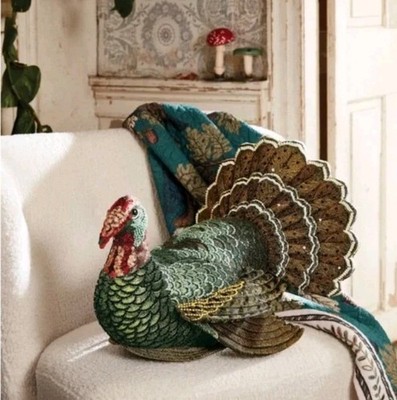 John Derian Beaded Thanksgiving Turkey Novelty Plush Pillow 15in x 17in x 16in